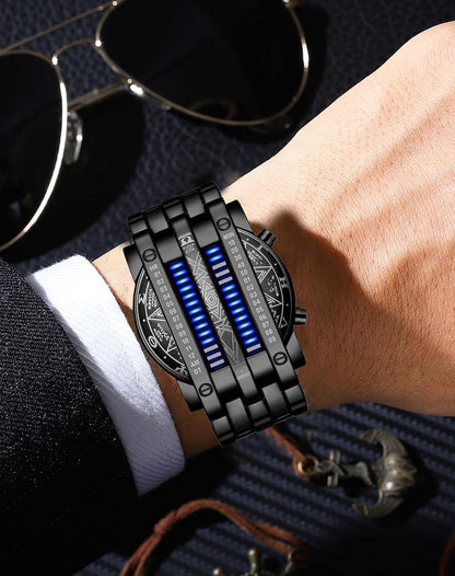 HOTFANMIS Creative Mens Binary Matrix Blue LED Digital Watch Fashion Classic Black Plated Waterproof LED Backlight Bracelet Watches