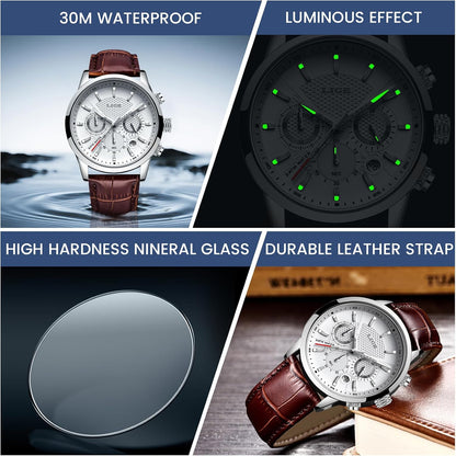 HOTLIGE Wrist Leather Watches for Men Analog Dress Chronograph Waterproof Vintage Work Casual Quartz with Date Display Chronograph Luminous 30M Water Resistant Business Classic Mens Watch
