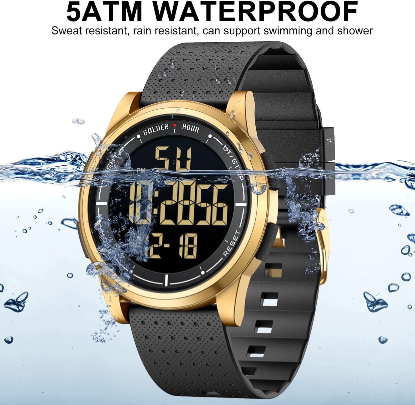 HOTGOLDEN HOUR Ultra-Thin Minimalist Sports Waterproof Digital Watches Men with Wide-Angle Display Rubber Strap Wrist Watch for Men Women