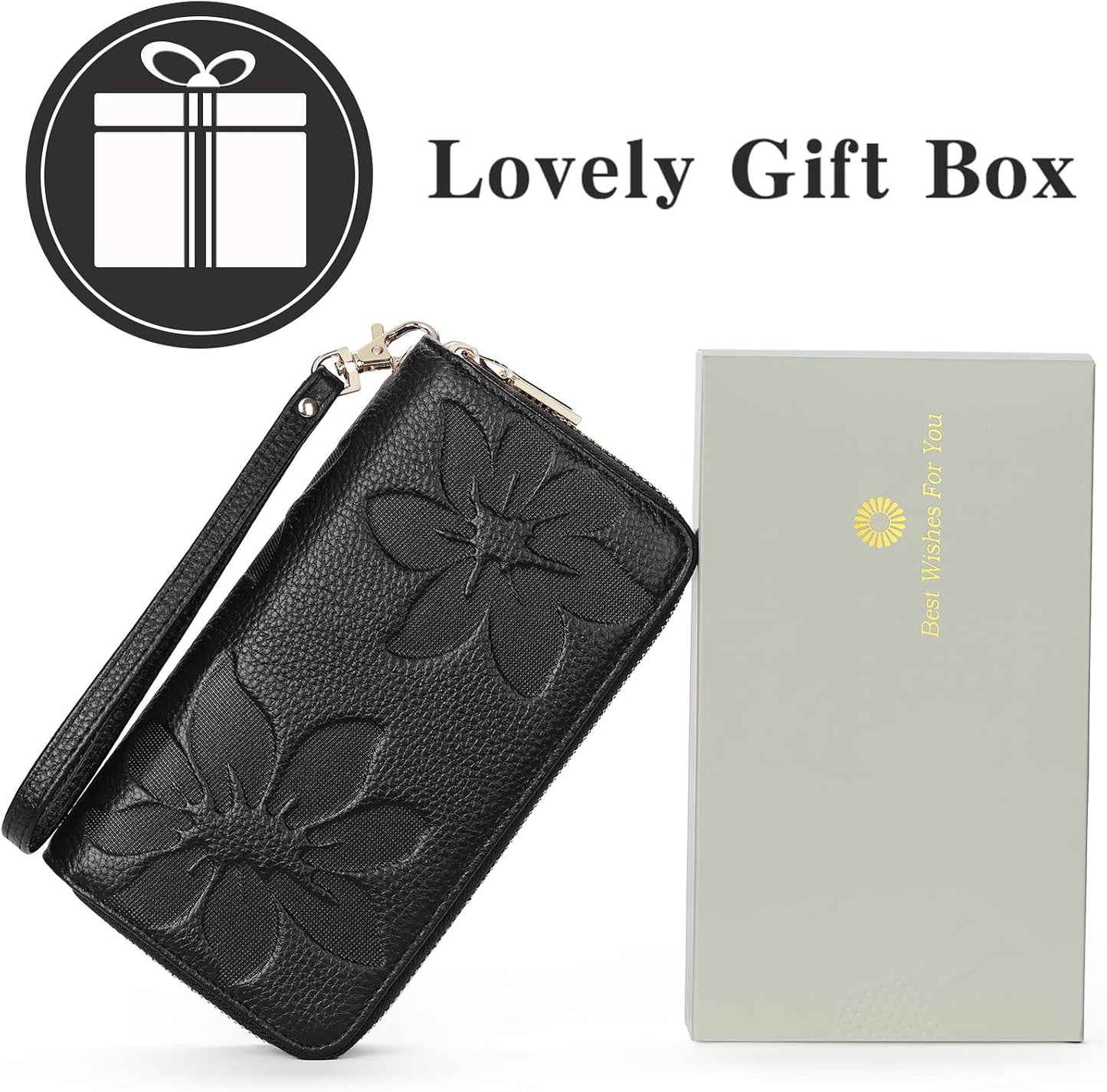 HOTGOIACII Women's Wallet Large Capacity Double Zip Ladies Card Phone Holder RFID Blocking Wristlet Leather