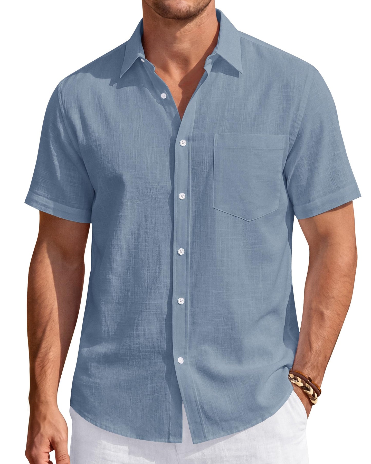 HOTJ.VER Mens Linen Shirt Short Sleeve Button Down Casual Summer Shirts | Cotton Linen, Untucked, Big Tall, from Beach Camp Vacation, Cruise Fishing, Work Office, to Wedding Party Family, with Pocket