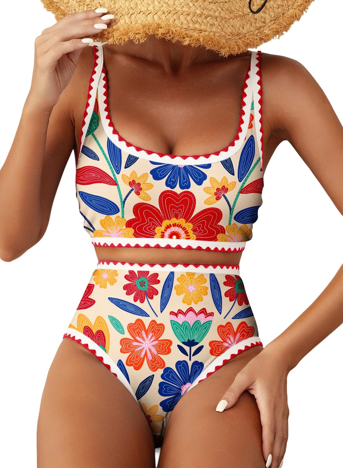 HOTHerseas Women's Bikini Sets Floral Print Whip Stitch 2 Piece Swimsuits High Waisted Scoop Bathing Suits