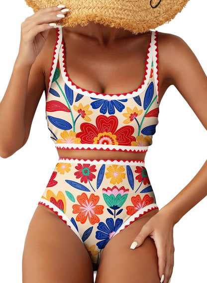 HOTHerseas Women's Bikini Sets Floral Print Whip Stitch 2 Piece Swimsuits High Waisted Scoop Bathing Suits