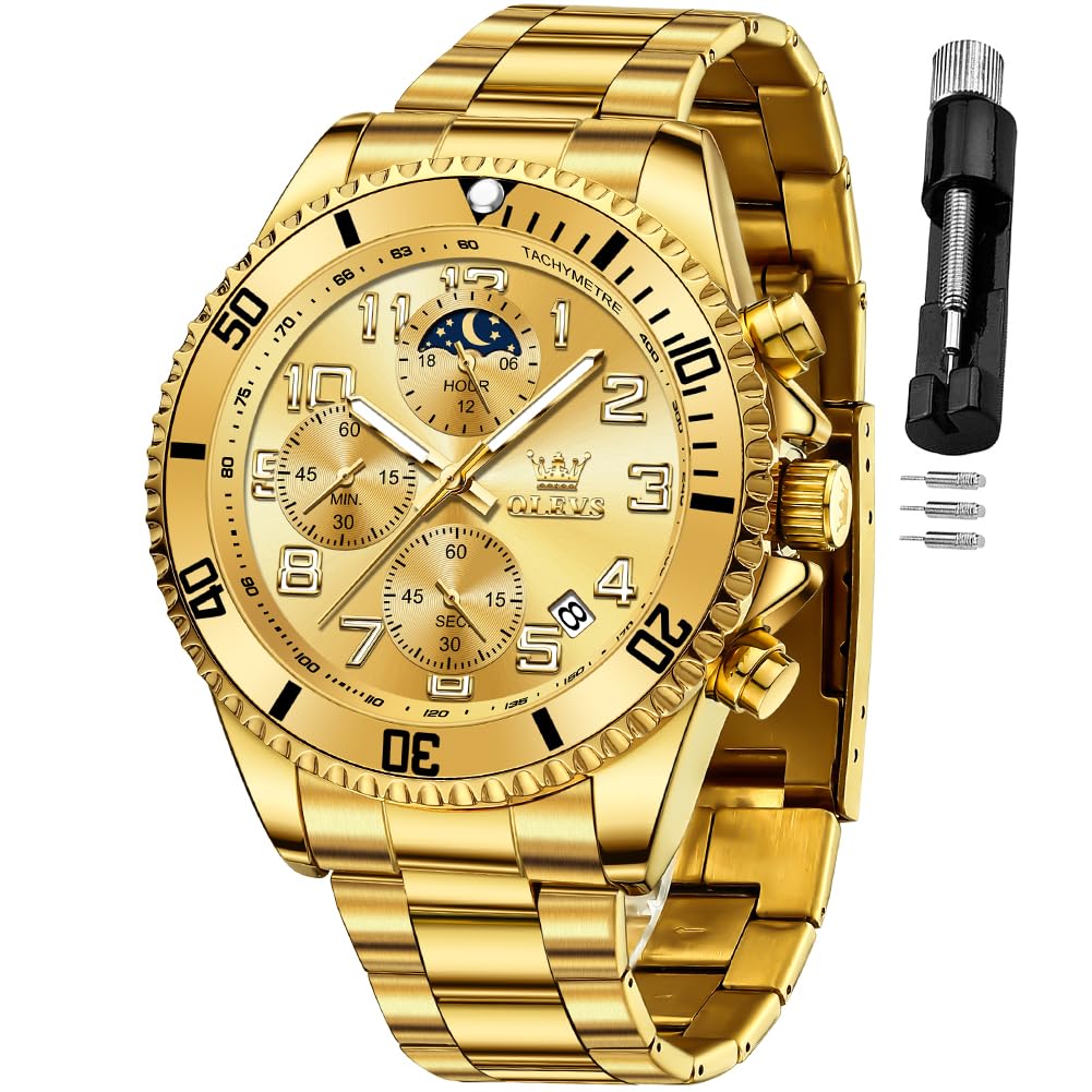 HOTOLEVS Mens Watches Chronograph Luxury Dress Moon Phase Two Tone Stainless Steel Waterproof Luminous Business Calendar Wrist Watch