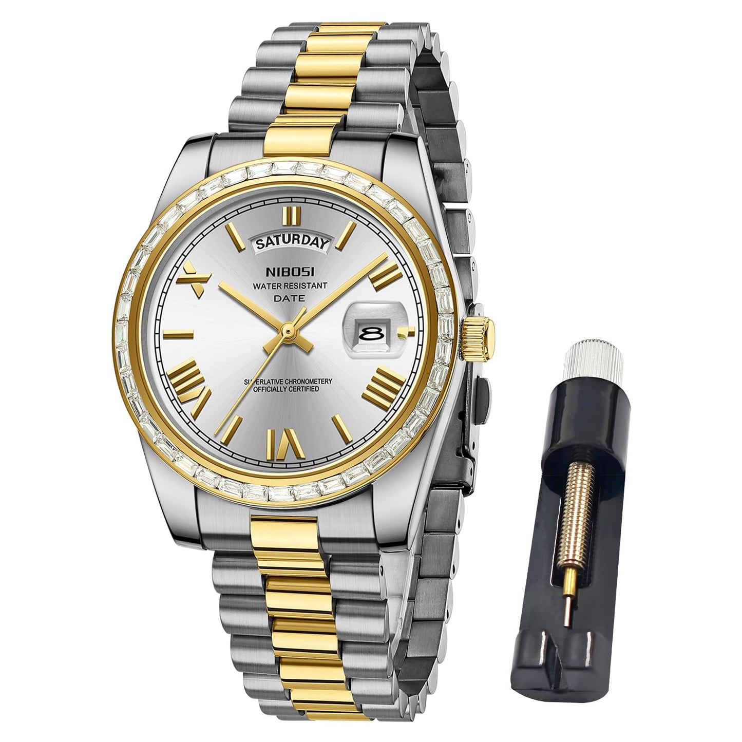 HOTNIBOSI Men's Watches Analog Quartz Diamond Bezel Stainless Steel Dial Rose Gold Silver Watches for Men Waterproof Business Classic Dress Wrist Watch with Day Date