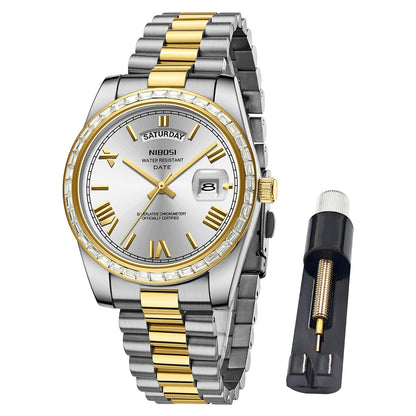 HOTNIBOSI Men's Watches Analog Quartz Diamond Bezel Stainless Steel Dial Rose Gold Silver Watches for Men Waterproof Business Classic Dress Wrist Watch with Day Date
