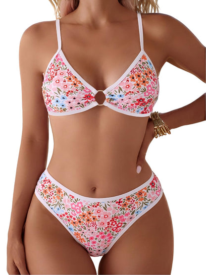 HOTTainehs Women's Two Piece Bikini Sets O Ring Front Top Ditsy Floral Triangle Swimsuits Cheeky Bathing Suit