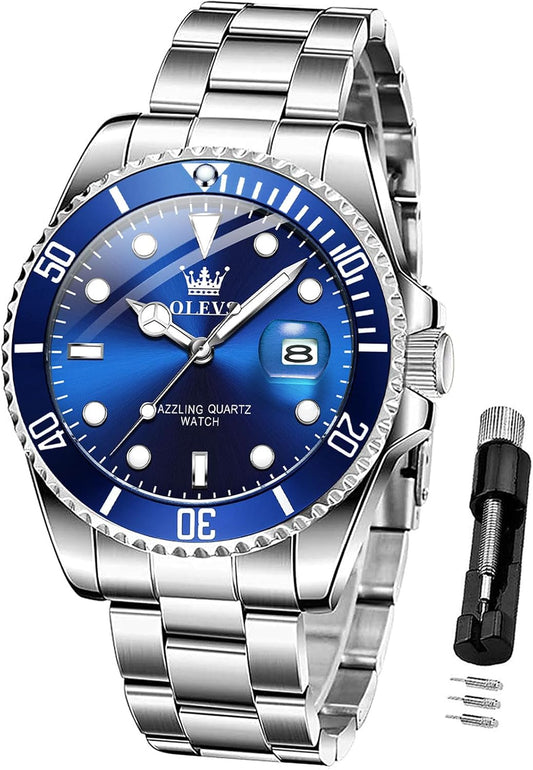 HOTOLEVS Silver Watches for Men Blue Luxury Nice Analog Quartz Stainless Steel | Classic Large Face Metal Men Watch with Date Waterproof Luminous Dress Fashion Men's Wrist Watches Relojes Para Hombres