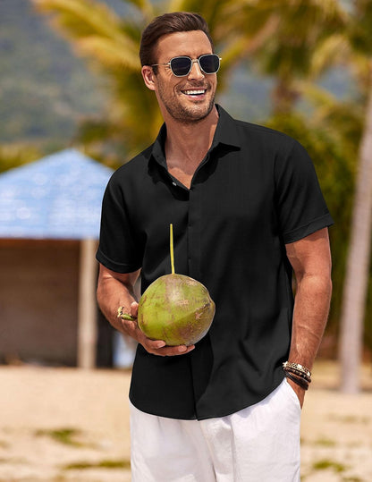 HOTCOOFANDY Men's Linen Shirts Short Sleeve Casual Shirts Button Down Shirt for Men Beach Summer Wedding Shirt