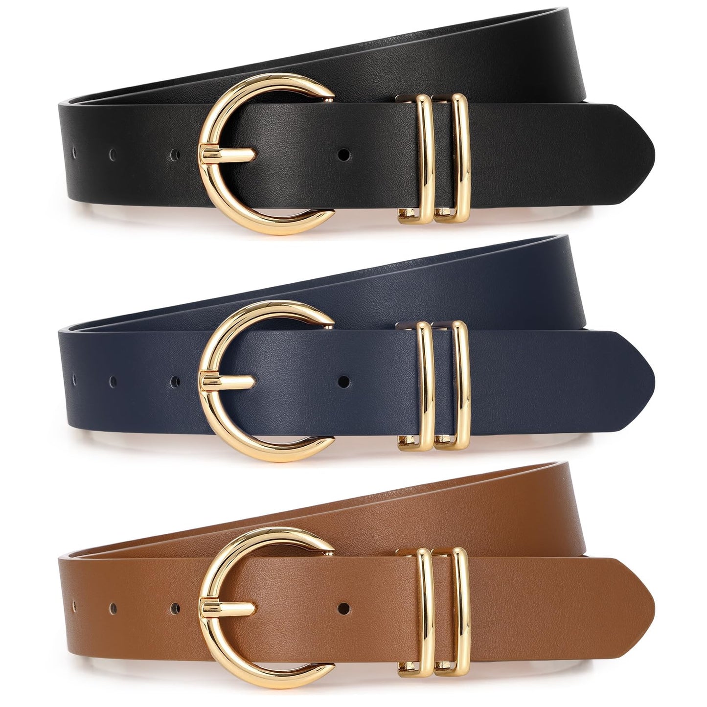 HOTXZQTIVE 3 Pack Women Belts For Jeans Dresses Pants Ladies Leather Waist Belt with Gold Buckle