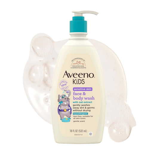 HOTAveeno Kids Sensitive Skin Face & Body Wash, Nourishing Oat Extract, Wash Away Dirt and Germs Without Drying, Kids Body Wash is Tear-Free, Hypoallergenic, Sulfate- & Dye-Free, 18 Fl Oz