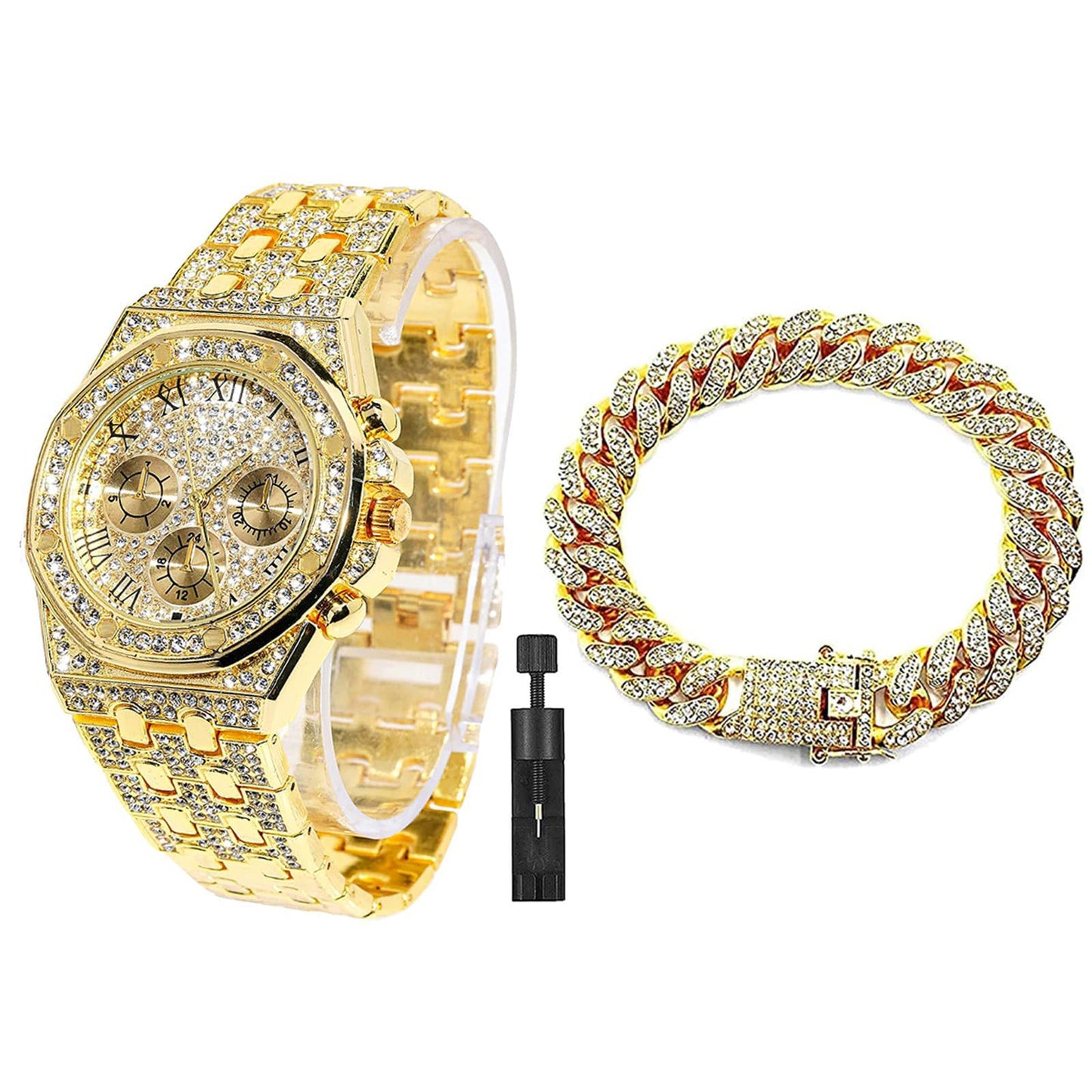 HOTApzzic Diamond Iced Out Watch CZ Gold Plated 40mm Width Roman Numerals Dial Quartz Wristband Watch for Men Women