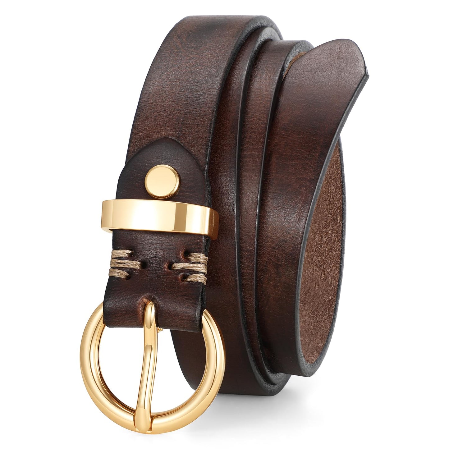 HOTSANSTHS Womens Genuine Leather Belts for Jeans Pants Trendy Vintage Thin Leather Belt Gold Buckle Ladies Skinny Waist Belt
