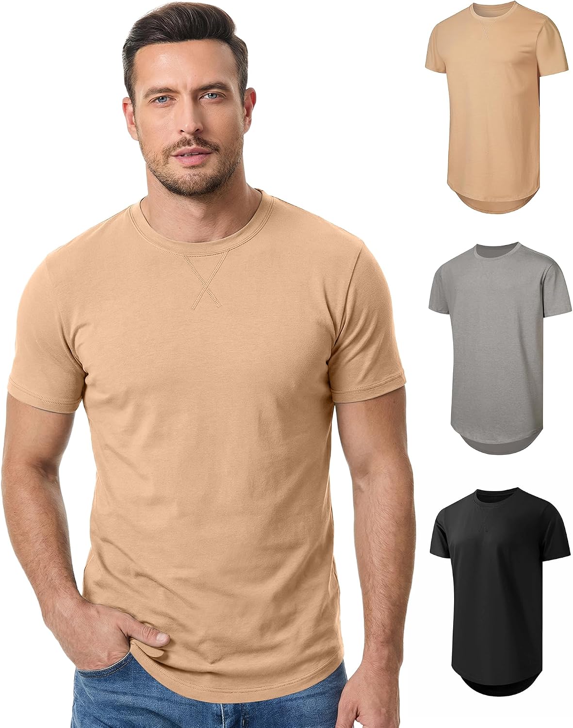 HOTJMIERR Mens 3 Pack Cotton Hipster Hip Hop Longline Crewneck T-Shirt