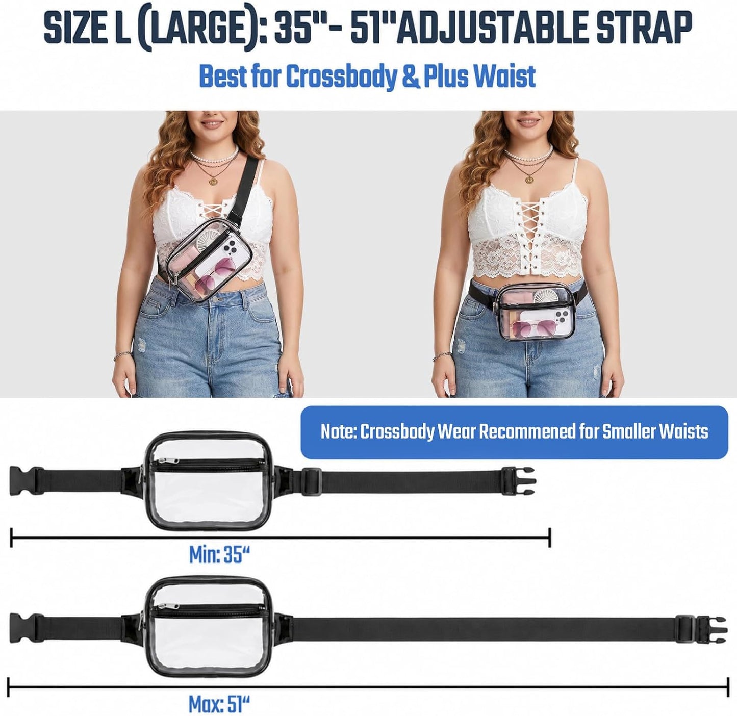 HOTPackism Clear Fanny Pack Stadium Approved - Large Size 35-51 inches Adjustable Strap Clear Belt Bag for Women Men Transparent Waist Bag for Concerts, Sporting Events, Black | Adjustable 35-51 in Strap, Hands-Free, 2 Easy-Access Pockets, Water-Resistant