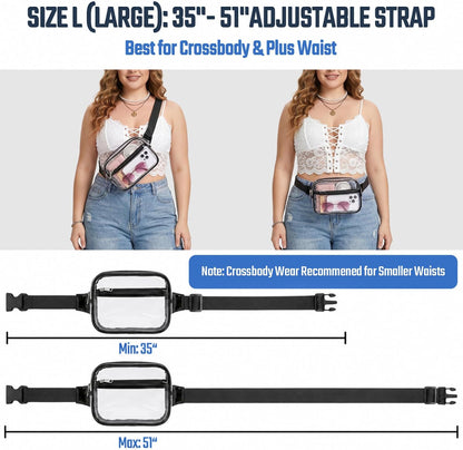 HOTPackism Clear Fanny Pack Stadium Approved - Large Size 35-51 inches Adjustable Strap Clear Belt Bag for Women Men Transparent Waist Bag for Concerts, Sporting Events, Black | Adjustable 35-51 in Strap, Hands-Free, 2 Easy-Access Pockets, Water-Resistant
