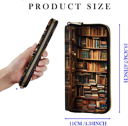 HOTWomens Wallet, RFID Wristlet Wallet for Women, Cute Ladies Purse, Large Credit Card Clutch Purse, Leather Card Holder Wallets with Zipper & Phone Holder,Vintage Books on Bookshelf