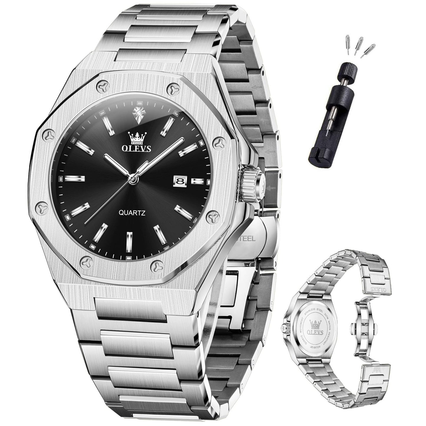 HOTOLEVS Mens Watches Octagonal Luxury Stainless Steel Dress Watches for Men Quartz Analog Large Face Luminous Relojes para Hombres