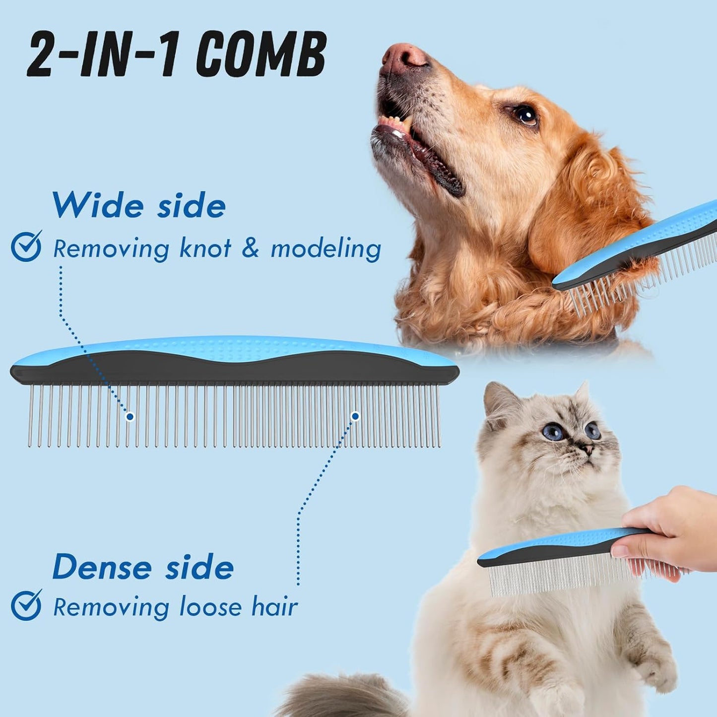 HOTDocrok Pet Grooming Combo - Blue Deshedding Brush with Metal Comb for Detangling and Dematting Long, Matted Fur on Cats and Dogs