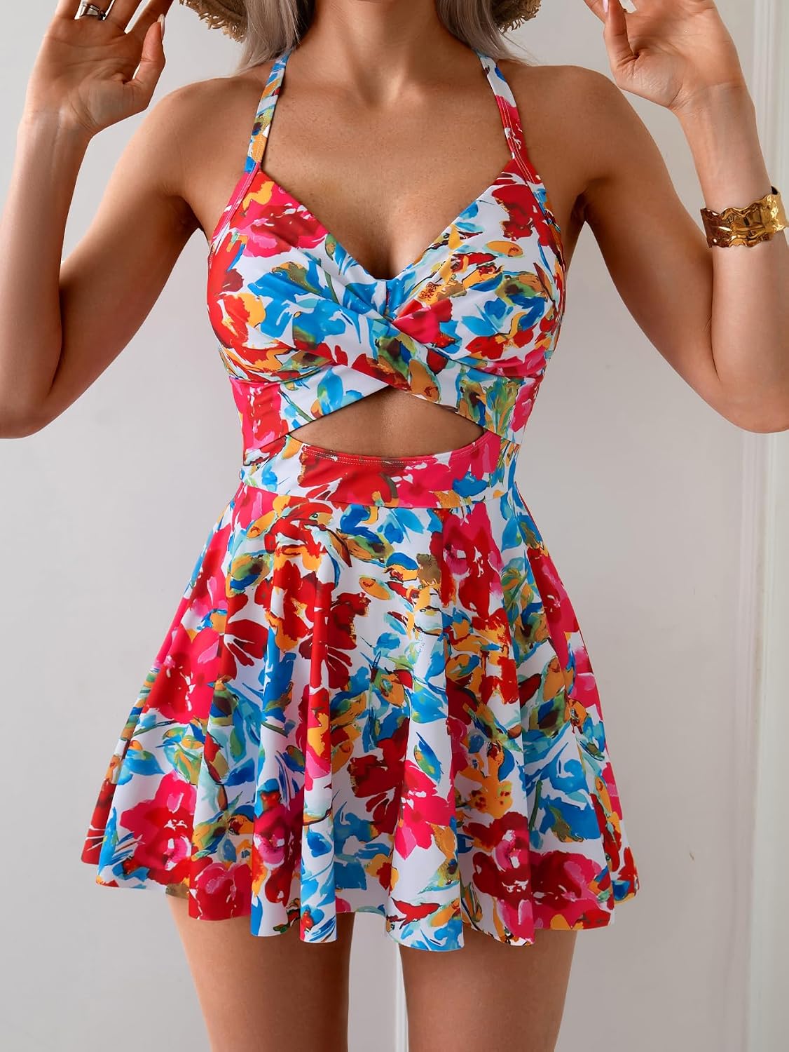 HOTB2prity Women Cutout One Piece Skirt Swimsuit V Neck Wrap Tie Back Swimdress Tummy Control Bathing Suits Slimming Swimwear