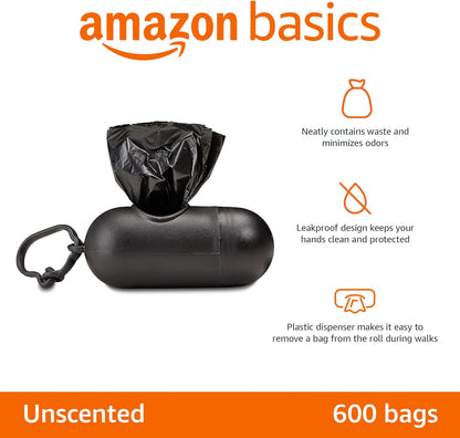 HOTAmazon Basics Dog Poop Leak Proof Bags with Dispenser and Leash Clip, Unscented, 13" x 9", 600 Count