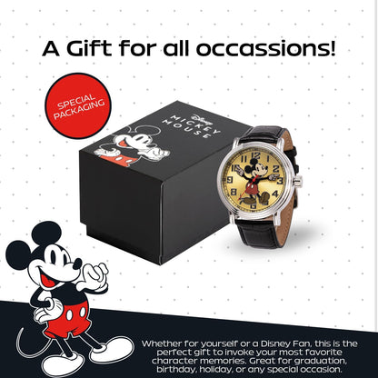 HOTFull Color Mickey Mouse Head Silhouette Watch for Men \u2013 Iconic Mickey Mouse Watches for Men \u2013 Stylish Watch \u2013 Classic Watches with Silver Dial &amp; Black Leather Bracelet