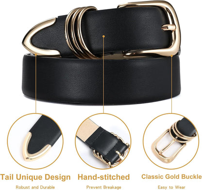 HOTRISANTRY Women's Leather Belts with Gold Buckle Fashion Leather Waist Belt Elegant Ladies Belts for Jeans Gifts for Women
