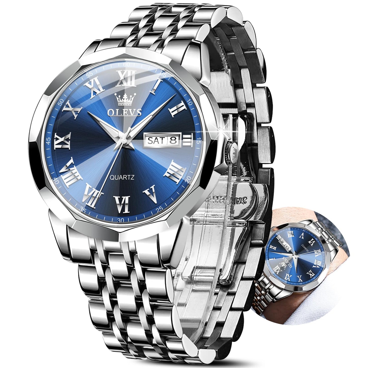 HOTOLEVS Classic Men Watches with Date,Stainless Steel Man Watch with Date, Bussiness Watches for Men,Luminous Quartz Mens Watches Black/White/Blue/Gold, Waterproof Male Watch with Week