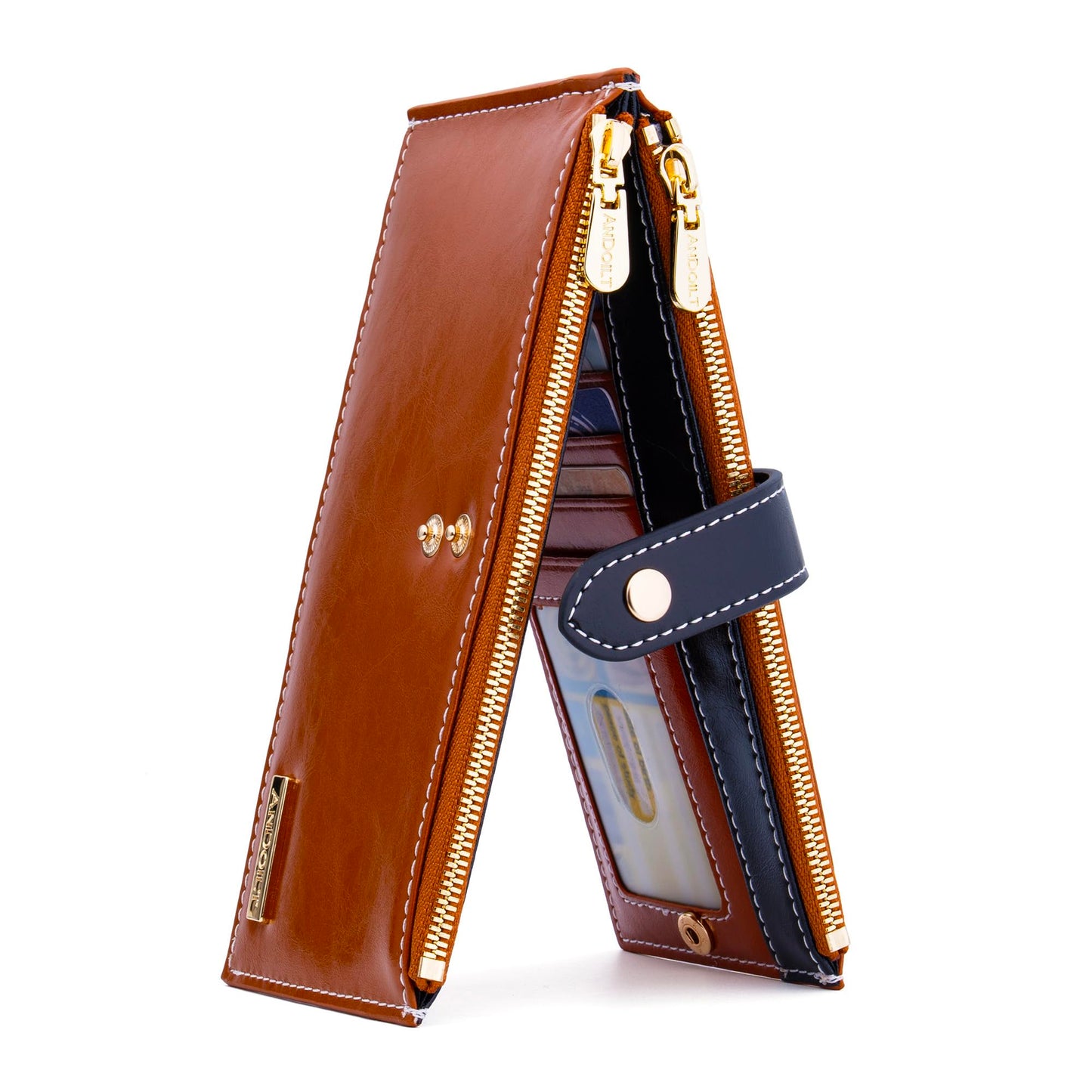 HOTANDOILT Women's Genuine Leather Wallet RFID Blocking Credit Card Holder Zipper Purse Cell Phone Handbag