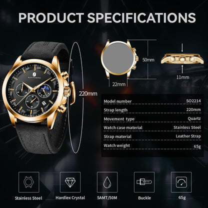 HOTSAPPHERO Chronograph Watches for Men, Original Business Casual Stainless Steel Analog Watch 50M Waterproof Luminous Watches with Date Dial, Mens Gift