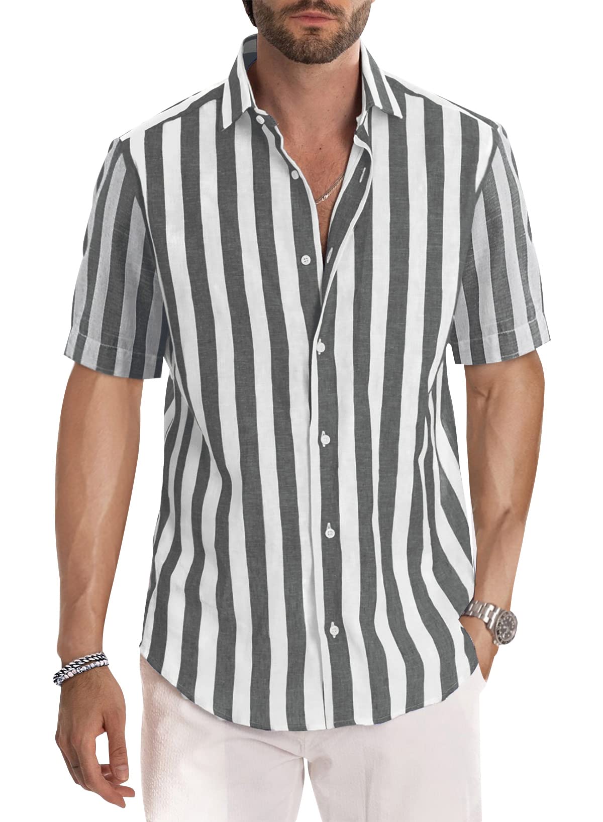 HOTJMIERR Men's Casual Stylish Short Sleeve Button-Up Striped Dress Shirt Cotton Beach Shirts