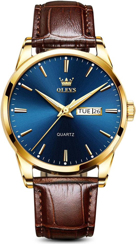 HOTOLEVS Mens Watch Brown Leather Band Dress Watch for Men Quartz Waterproof Men's Wrist Watch 38MM Gold Case Easy to Read Day Date Business Casual Men Watches Gifts for Him Relojes para Hombres