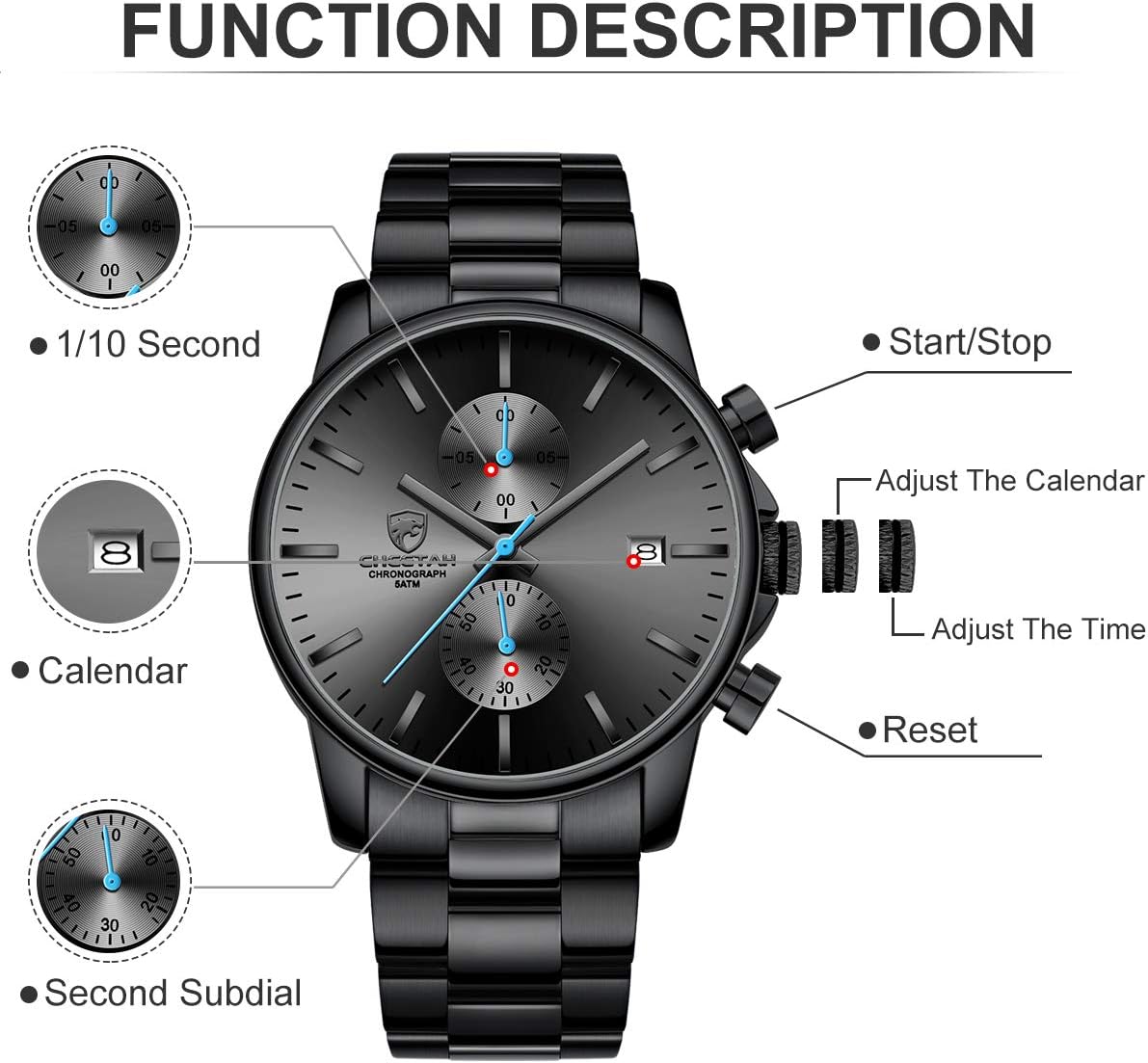HOTGOLDEN HOUR Fashion Business Mens Watches with Stainless Steel Waterproof Chronograph Quartz Watch for Men, Auto Date