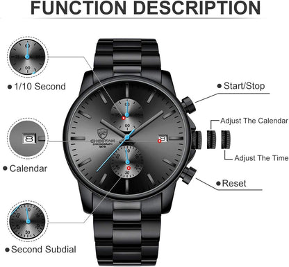 HOTGOLDEN HOUR Fashion Business Mens Watches with Stainless Steel Waterproof Chronograph Quartz Watch for Men, Auto Date