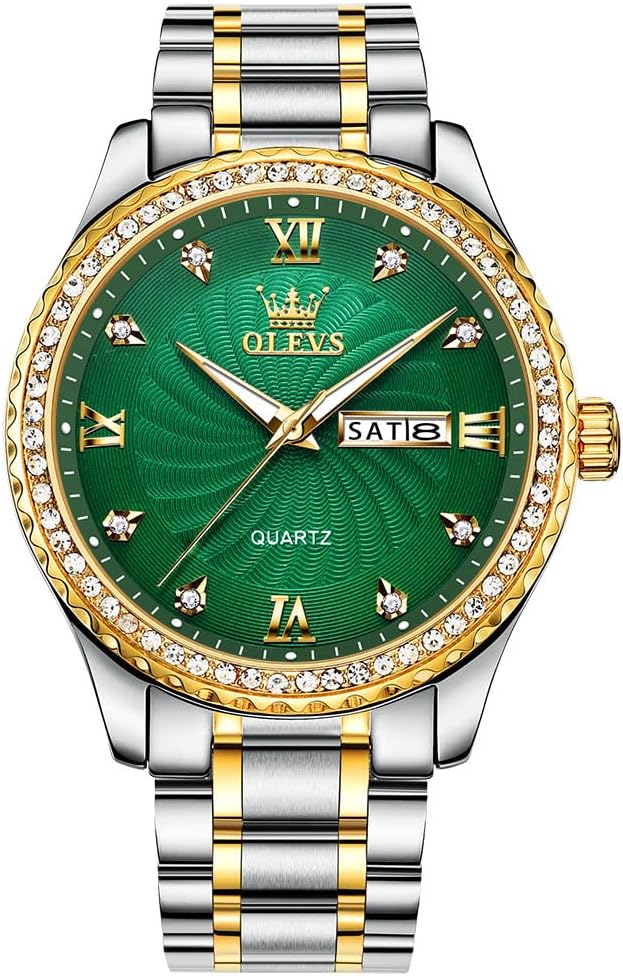 HOTOLEVS Men's Casual Stainless Steel Watch, Big Face Easy to Read Analog Quartz Watch with Day and Date, Classic Waterproof Diamond Roman Arabic Numeral Dial Dress Watch for Men, Gold Silver Black Band