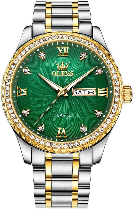 HOTOLEVS Men's Casual Stainless Steel Watch, Big Face Easy to Read Analog Quartz Watch with Day and Date, Classic Waterproof Diamond Roman Arabic Numeral Dial Dress Watch for Men, Gold Silver Black Band