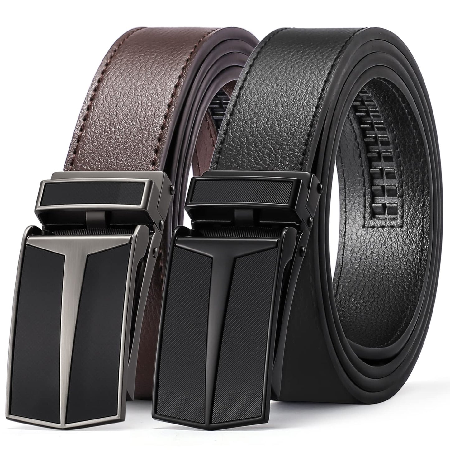 HOTSENDEFN 2 Pack Ratchet Belt Men, Men Leather Belts in Gift Set Box for Dress Casual, Size Adjustable Trim to Fit