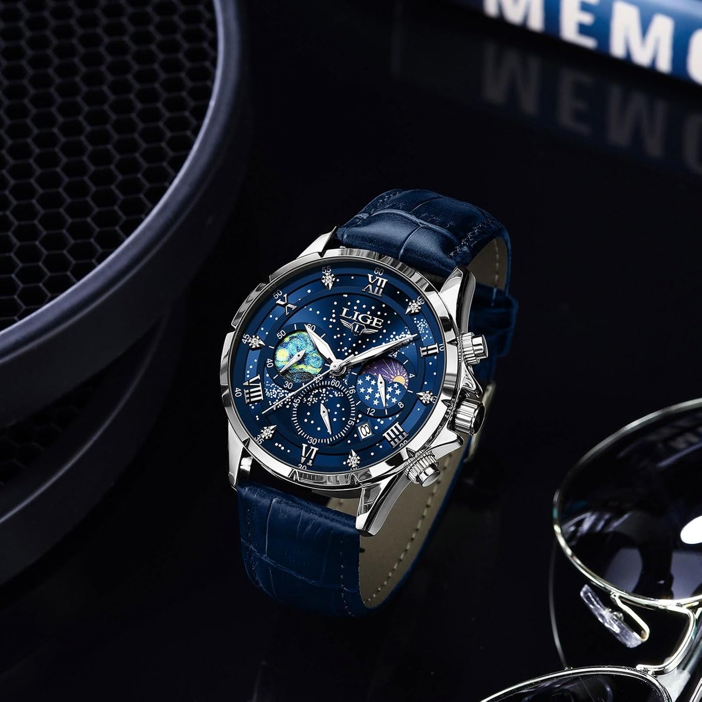 HOTLIGE Waterproof Watches for Men Analog Dress Water Proof Chronograph Work Casual Leather Water-Resistant Lunar Phase Display Quartz Wristwatch with Date & Luminous Men's Wrist Watch