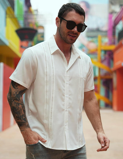 HOTCOOFANDY Mens Cuban Guayabera Shirt Short Sleeve Button Down Shirts Summer Beach Vacation Shirts