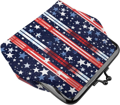 HOTRed White Blue Stars and Stripes American Flag Leather Coin Purse Compact Pouch Card Holder Wallet for Women Daily Use Travel Gifts