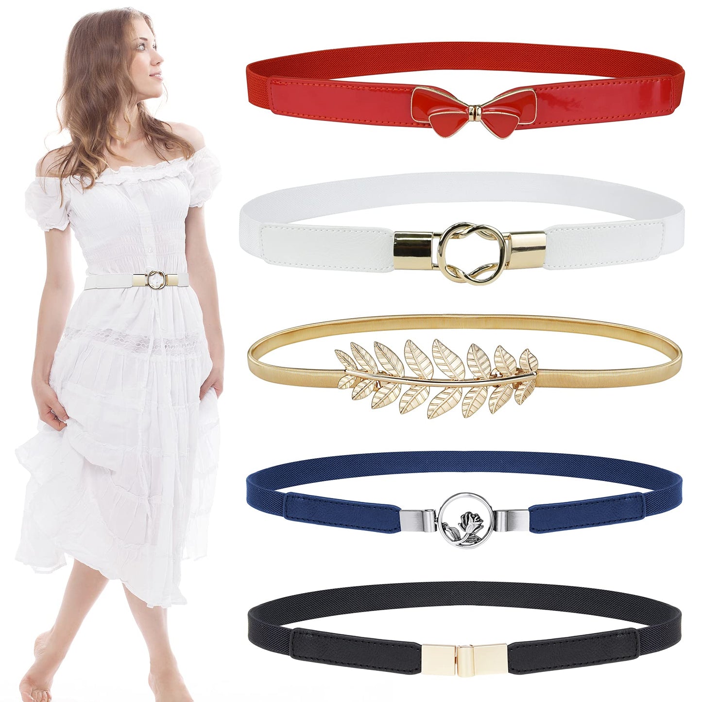 HOTEAONE Skinny Belts for Women 5 Pack, Fashion Dress Belts Stretch Women Waist Belts Plus Size Elastic Waist Band for Dresses