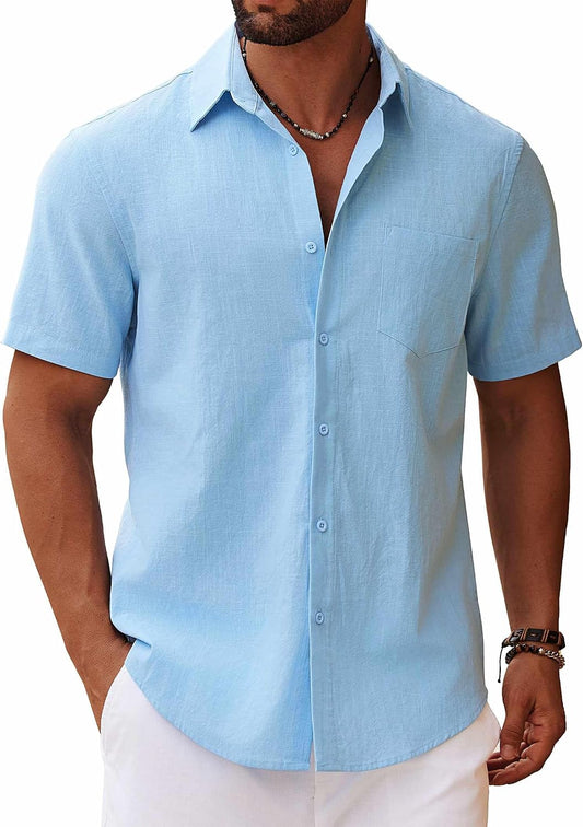 HOTCOOFANDY Men's Button Down Short Sleeve Shirt Casual Cotton Summer Beach Linen Wedding Shirts with Pocket