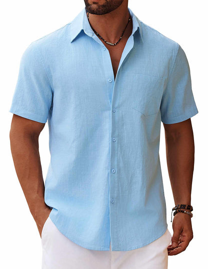 HOTCOOFANDY Men's Button Down Short Sleeve Shirt Casual Cotton Summer Beach Linen Wedding Shirts with Pocket