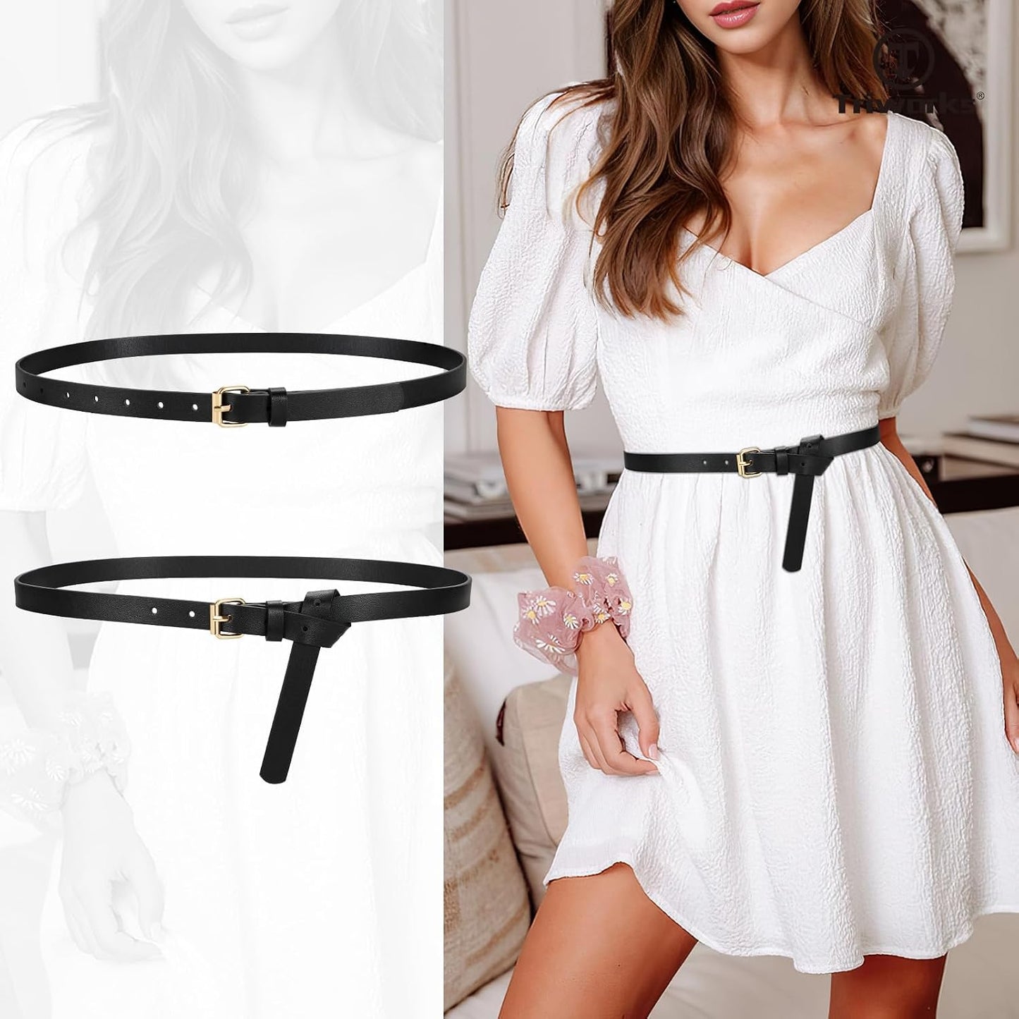 HOTTRIWORKS 3 Pack Women Skinny Leather Belt for Jeans Pants Dress Ladies Thin Waist Belt with Gold Buckle