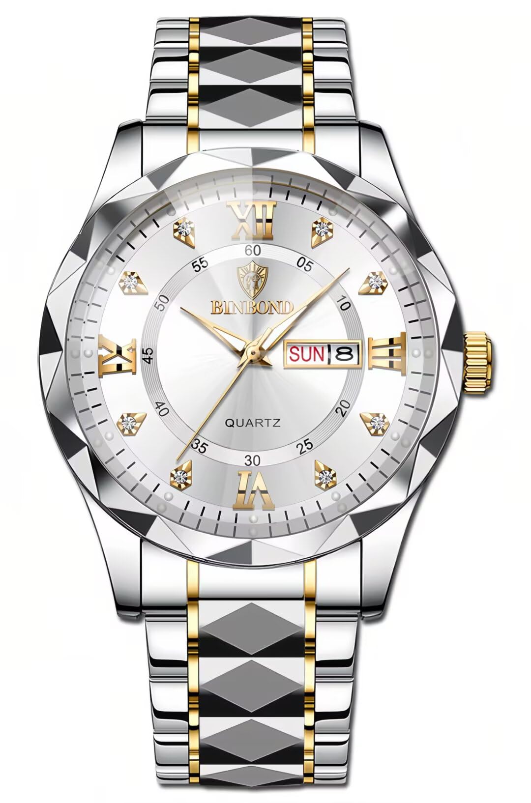 HOTGosasa Luxury Men's and Women's Business Diamond Stainless Steel Waterproof Roman Numeral Analog Quartz Watch with Day-Date Calendar, Gold and Silver Tone