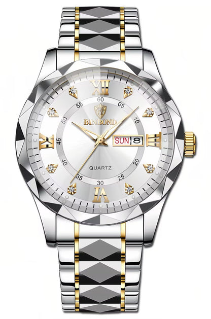 HOTGosasa Luxury Men's and Women's Business Diamond Stainless Steel Waterproof Roman Numeral Analog Quartz Watch with Day-Date Calendar, Gold and Silver Tone