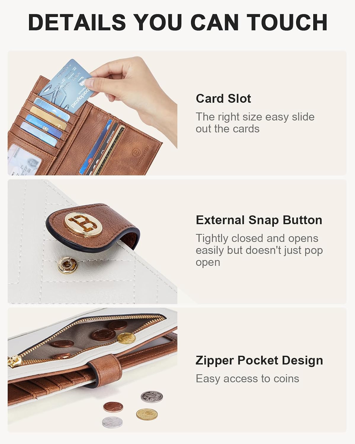 HOTBOSTANTEN Slim Wallet Women RFID Card Holder with Zipper Coin Pocket | Thin, Lightweight, 11 Card Slots, Long Bifold, Clutch Wallet, Fits Small Purses, Quilted Vegan Leather, Gifts, Beige＆Brown