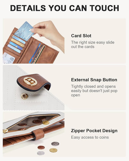 HOTBOSTANTEN Slim Wallet Women RFID Card Holder with Zipper Coin Pocket | Thin, Lightweight, 11 Card Slots, Long Bifold, Clutch Wallet, Fits Small Purses, Quilted Vegan Leather, Gifts, Beige＆Brown