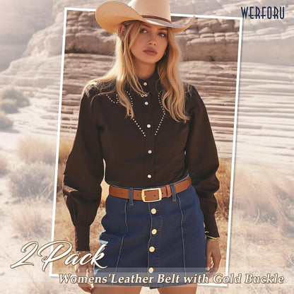 HOTWERFORU 2 Pack Women Leather Belts for Jeans Pants Fashion Leather Belts for Women Waistband with Gold Pin Buckle