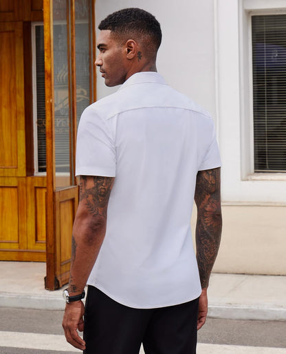 HOTLion Nardo Stretch Dress Shirts for Men Short Sleeve Slim Fit Casual Button Down Shirts Muscle Fit Men's Dress Shirts